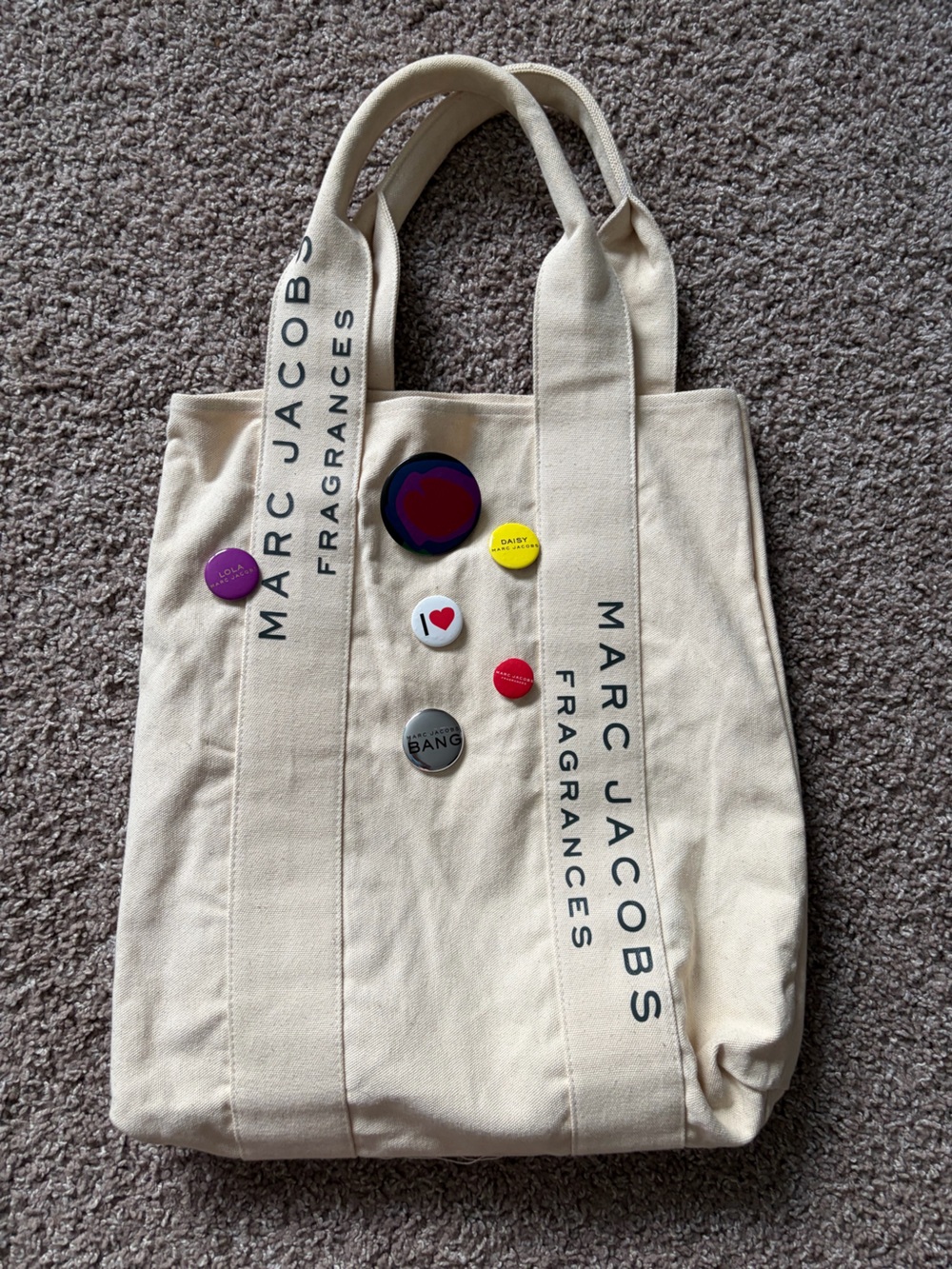 Marc Jacobs Cream Canvas Tote with Logo Straps and Colorful Pins